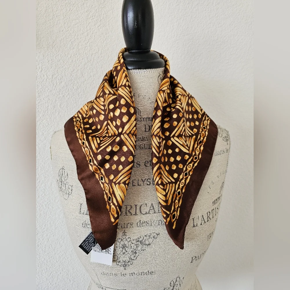 NWT Jones New York Made in Italy Scarf | Brown & Gold Geometric Silk-Feel Neck